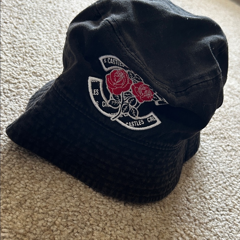 Crooks & Castles Black Bucket Hat with Red Rose Embroidery